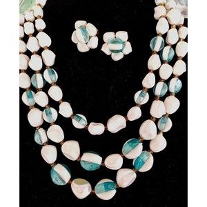 Vintage Necklace & Earrings West Germany Three Strand Aqua, White Beads 50's-60s